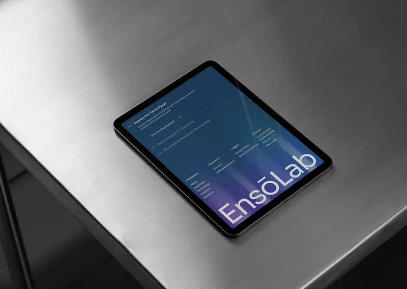 The EnsoLab footer on a tablet, resting on a steel table