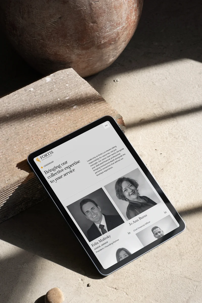 The Fortis Lux about page on a tablet