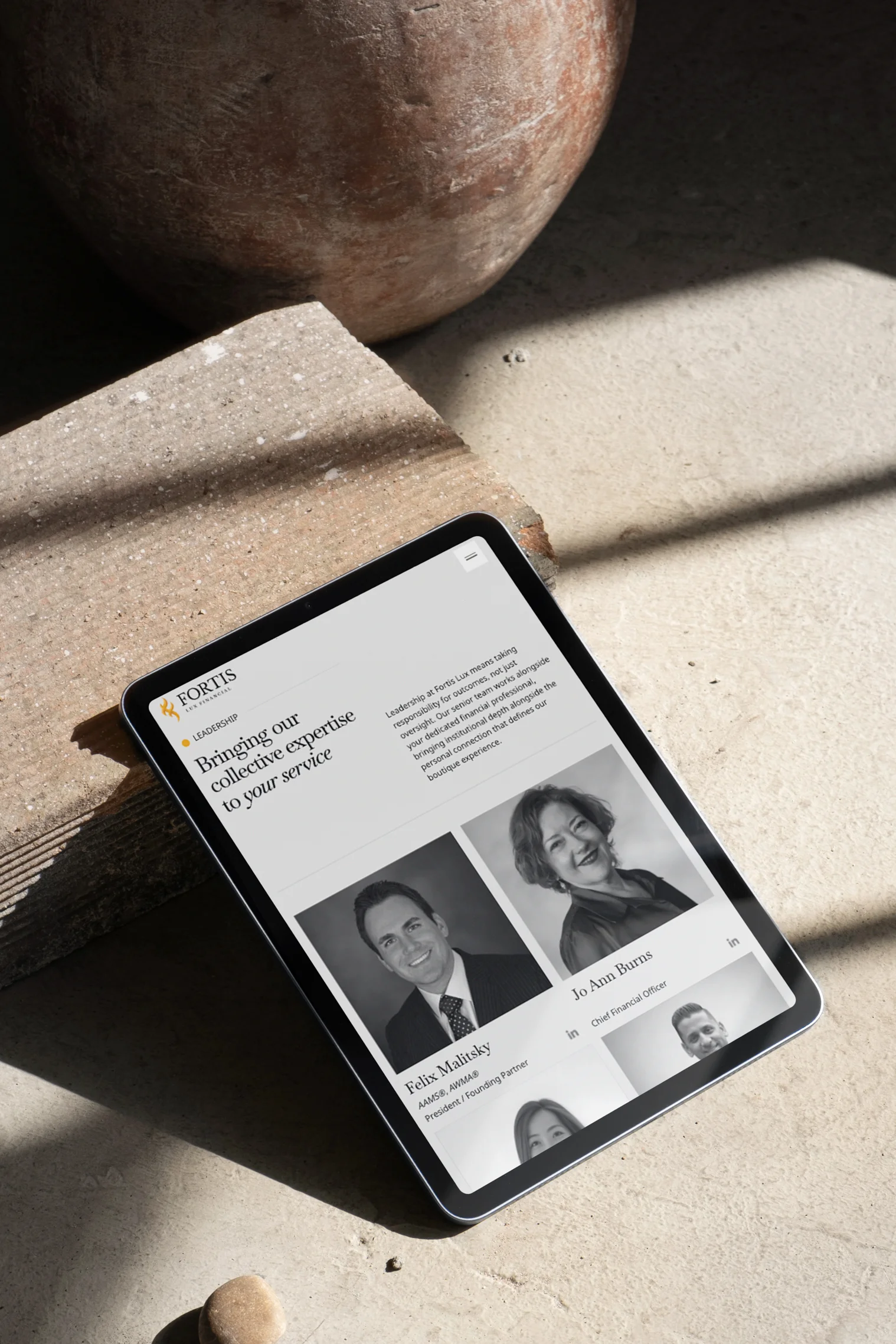 The Fortis Lux about page on a tablet