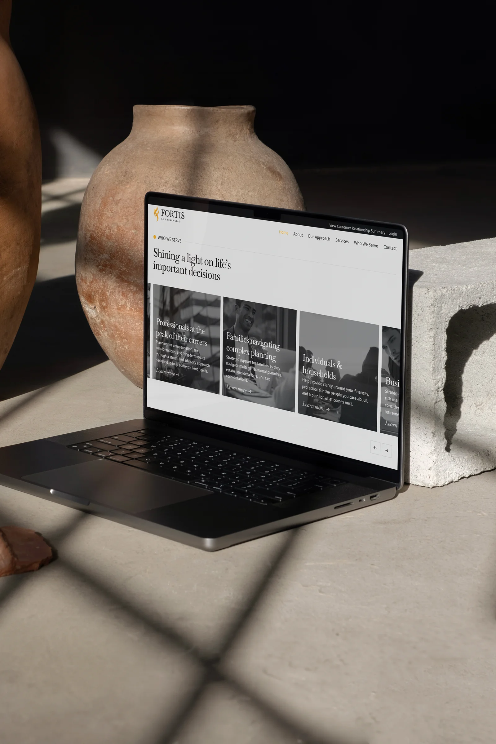 The Fortis Lux homepage on a laptop, beside a terracotta pot