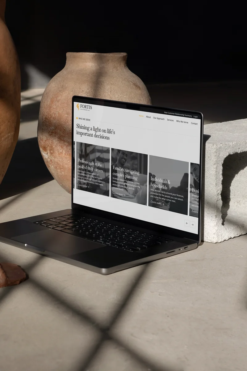 The Fortis Lux homepage on a laptop, beside a terracotta pot