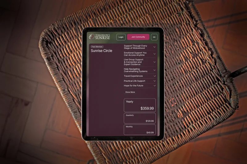 The Sunrise Circle membership on a tablet, on a wicker seat