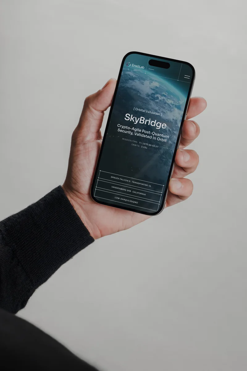 The EnsoLab SkyBridge page on a phone, held in a hand