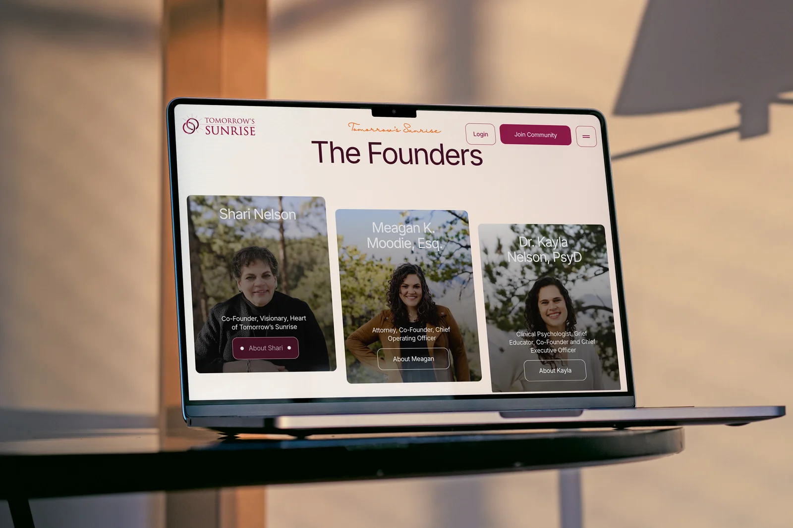 The Tomorrow’s Sunrise founders page on a laptop